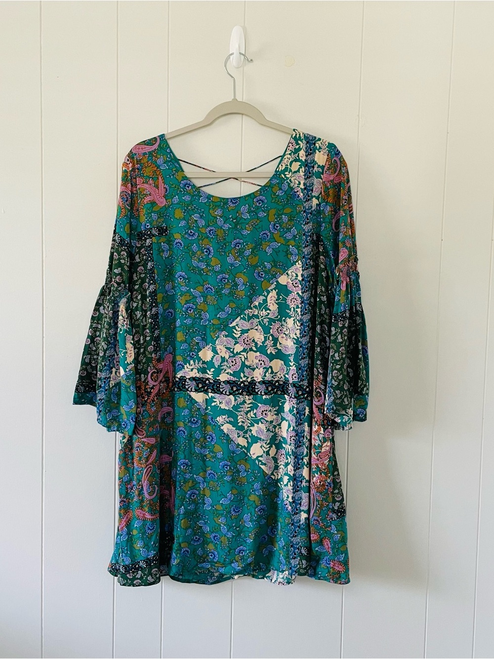 Entro Women’s Large Teal Floral Paisley Patchwork Boho Tunic Dress 3/4 Sleeve